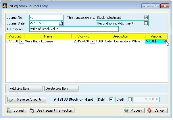 Stock Journal, line entry