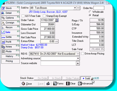 Consignment stock card showing sale tab