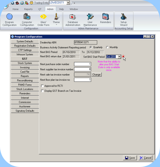 Program Configuration, Set BAS Start Period