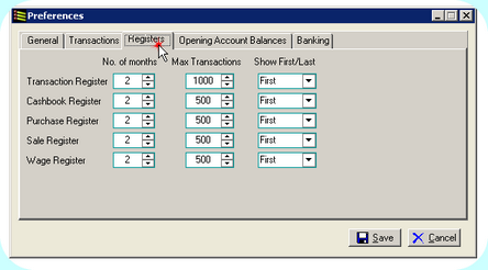 Preferences, Registers Tab