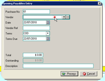 Opening Payables New Entry Screen