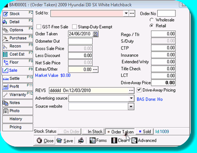 Stock card showing Order Taken status