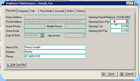 Employee maint, Opening Bal