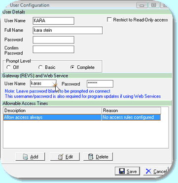 User configuration, enter Gateway and Web Service username and password