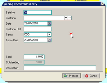 Opening Receivable New Entry Screen