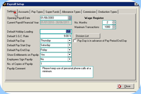 Payroll Settings Screen