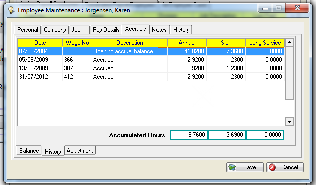 Employee maint, Accruals, History