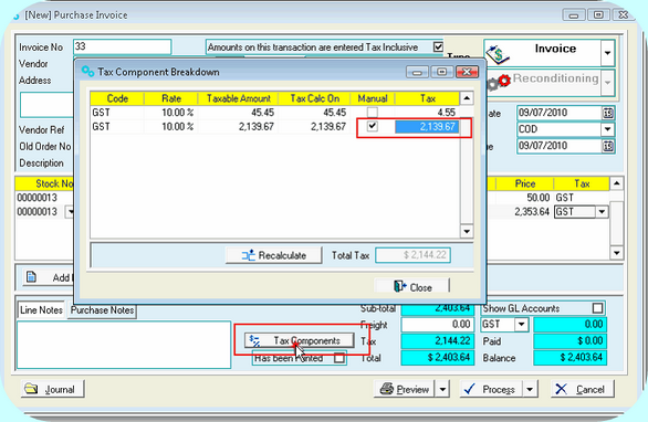 Select 'tax component' button, tick Manual GST calculations
