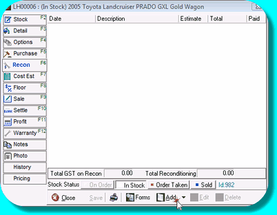 Stock card showing Recon tab