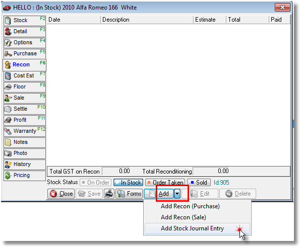 You can add a Stock Journal from the Recon Tab of your stock card