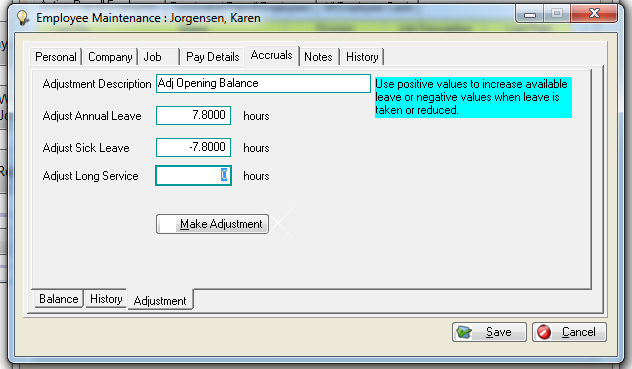 Employee maint, Accruals, Adj