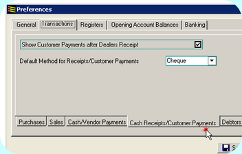 Preferences, Cash Receipts/Customer Payments Tab