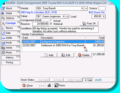 Consignment stock card showing consign tab