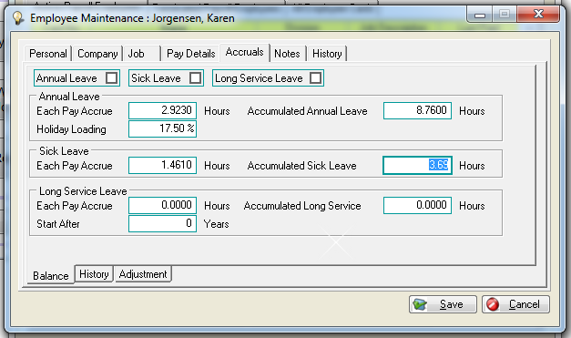 Employee maint, Accruals, Balance