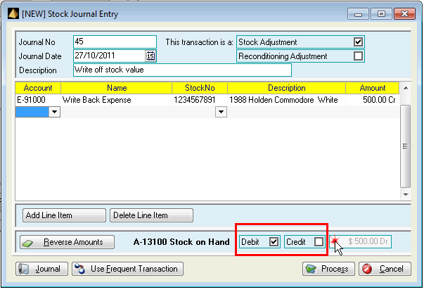 Select Debit to increase the Stock on Hand amount, Select Credit to decrease the balance in Stock on Hand