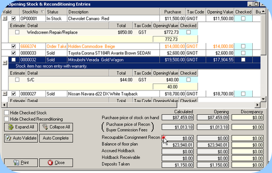Total of Opening Value Recoupable Consignment Reconditioning