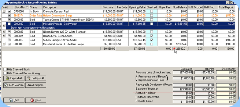 Listing of Opening Stock Floor Plan