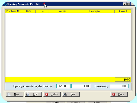 Opening Payables Screen