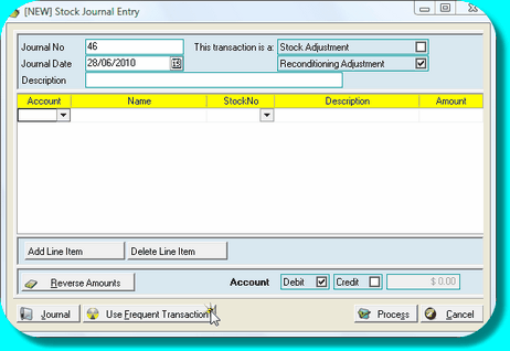 Stock Journal entry showing Frequent Transaction button