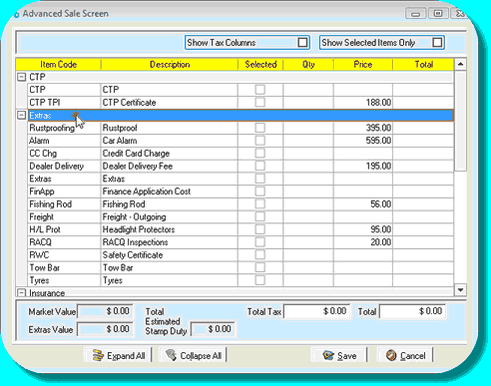 Advanced Sale Screen showing Extras category